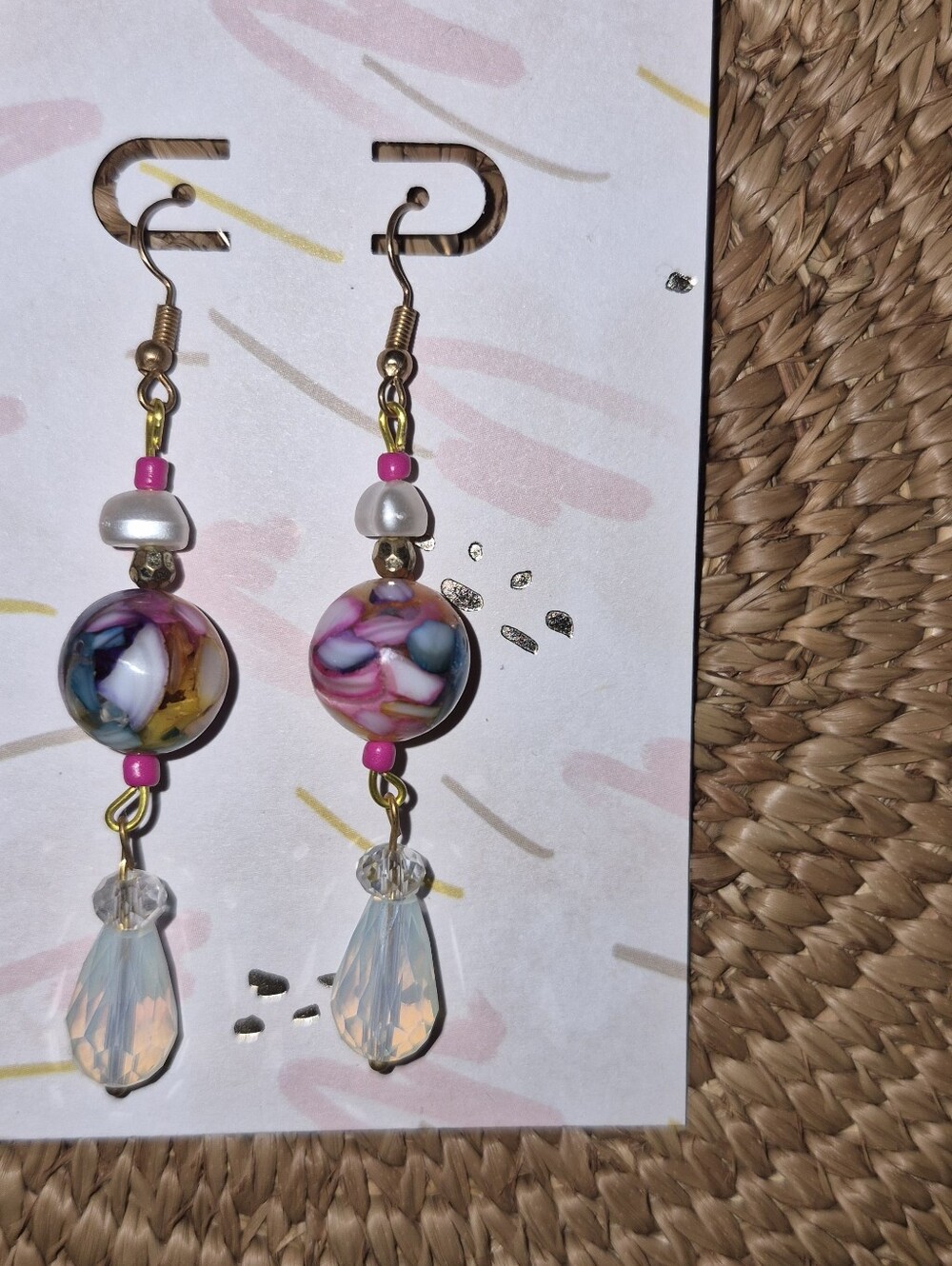 Multicolor Bead Drop Earrings with Opal Inspired Teardrop Accent